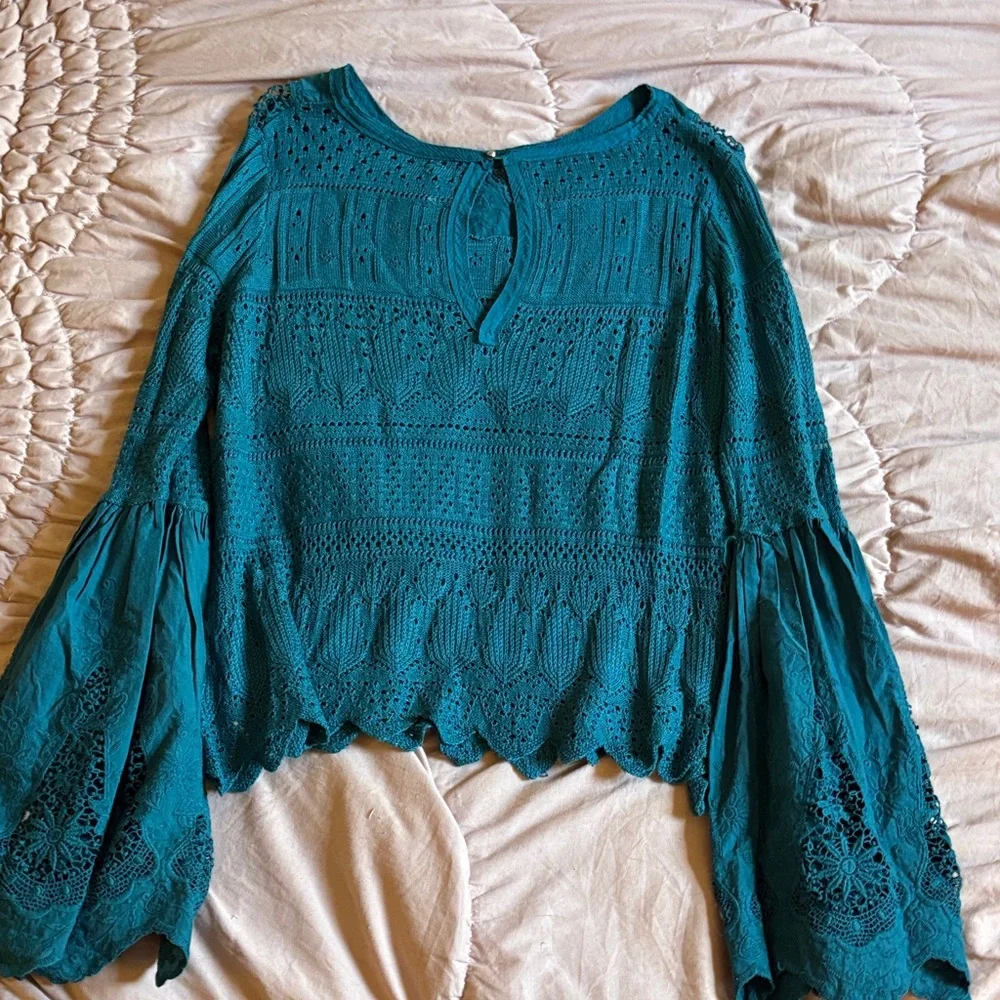 Free People Teal Lace Crochet Long Sleeve Blouse